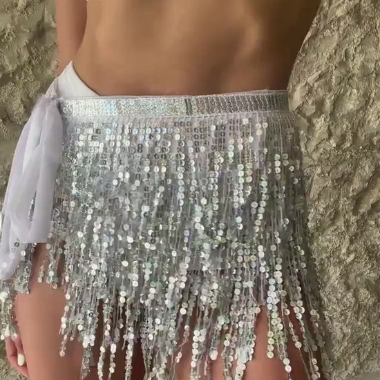 Silver Sequin Disco Bachelorette Party Skirt | Festival Clothing | Tie Skirt | Custom size ( Made to order )