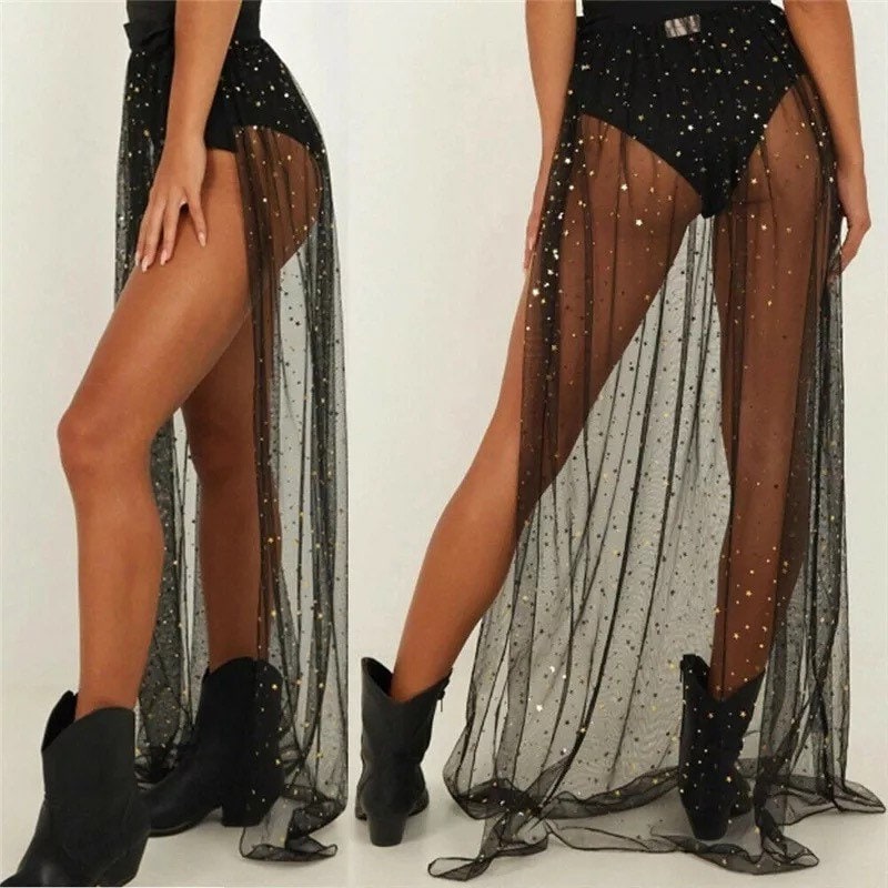 ALL SIZES Moon & Stars Long Tulle Wrap Skirt in BLACK | Mesh Sheer Skirt Cowgirl Bride Bachelorette Outfit | Festival Clothing Cover Up