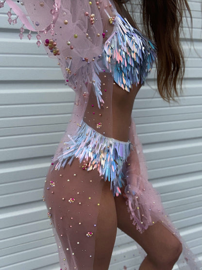 Holographic Rainbow Blue Sequin Tinsel Fringe Cheeky Rave Outfit | Music Festival Matching Set | High Waist