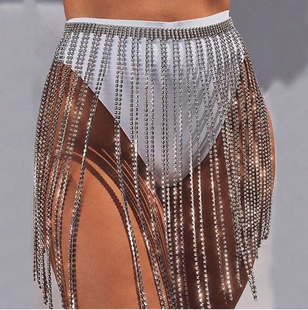 Silver Rhinestone Skirt | Metal Waist Chain Diamond Mini Skirt | All Sizes Available |  Tassel Fringe Glitter Dance Rave Sparkle Skirt