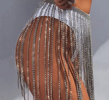 Silver Rhinestone Skirt | Metal Waist Chain Diamond Mini Skirt | All Sizes Available |  Tassel Fringe Glitter Dance Rave Sparkle Skirt