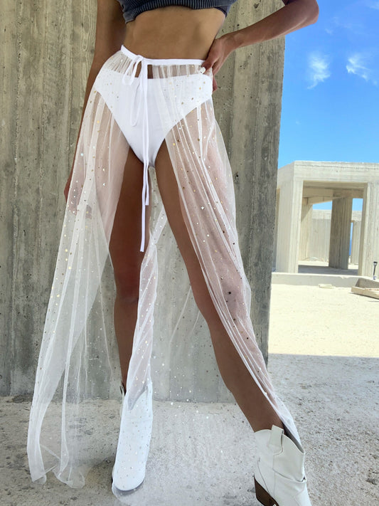 ALL Sizes Moon & Stars Long Tulle Wrap Skirt in WHITE | Mesh Sheer Cowgirl Bride Bachelorette outfit | Festival clothing cover up