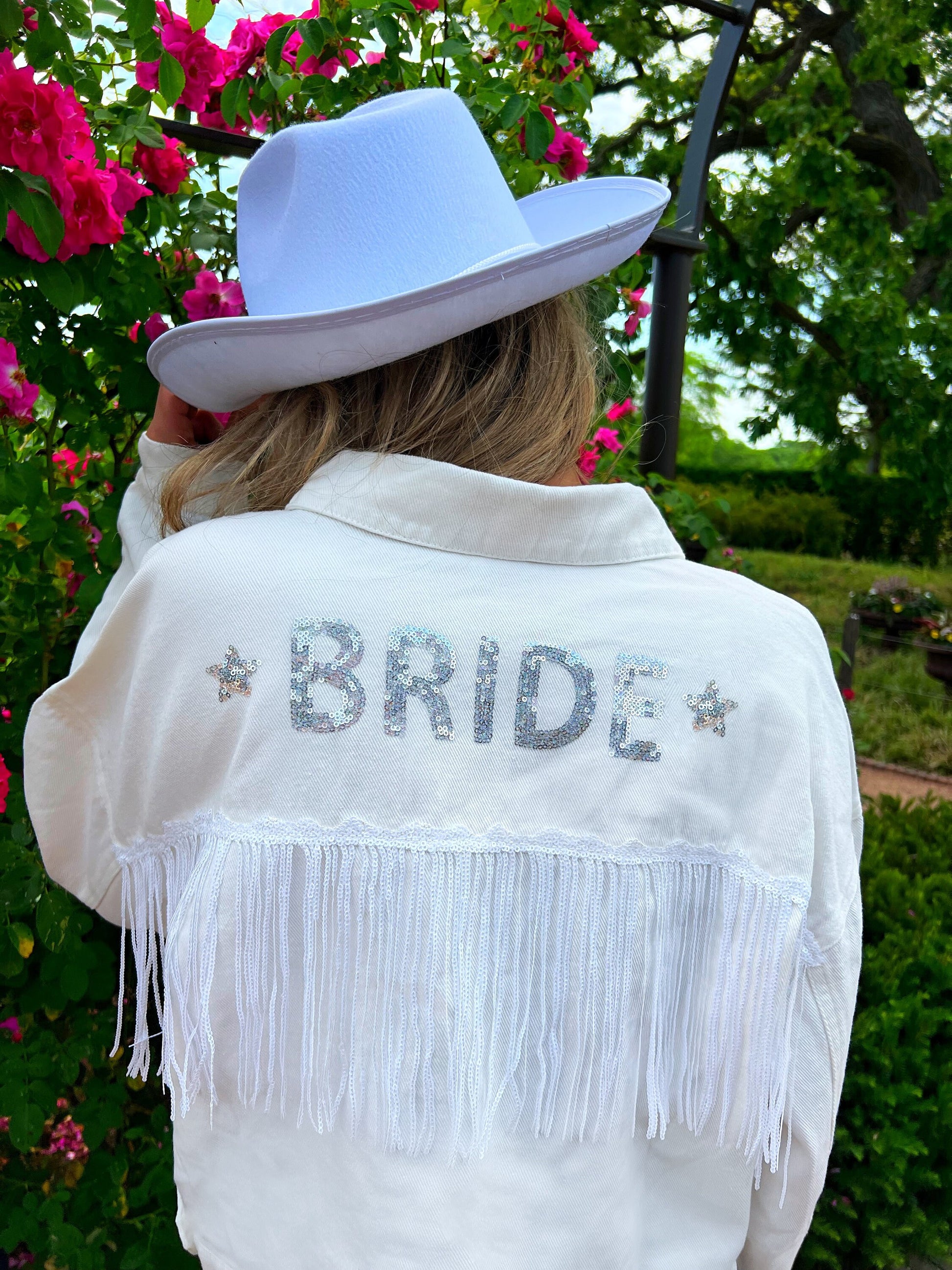 Bride to be jacket | Bride jean jacket bridal denim jacket Nash Bach | Last Rodeo | bridal shower gift Nashville disco cowgirl bachelorette